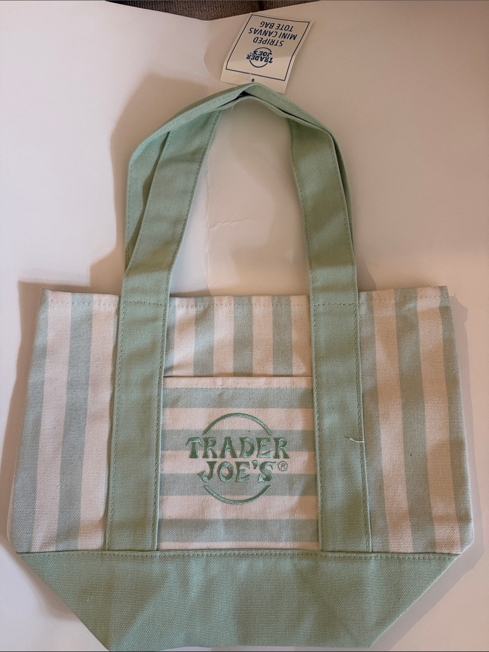 Trader Joe's NWT Mint Green and White Striped Canvas Mini Tote Bag